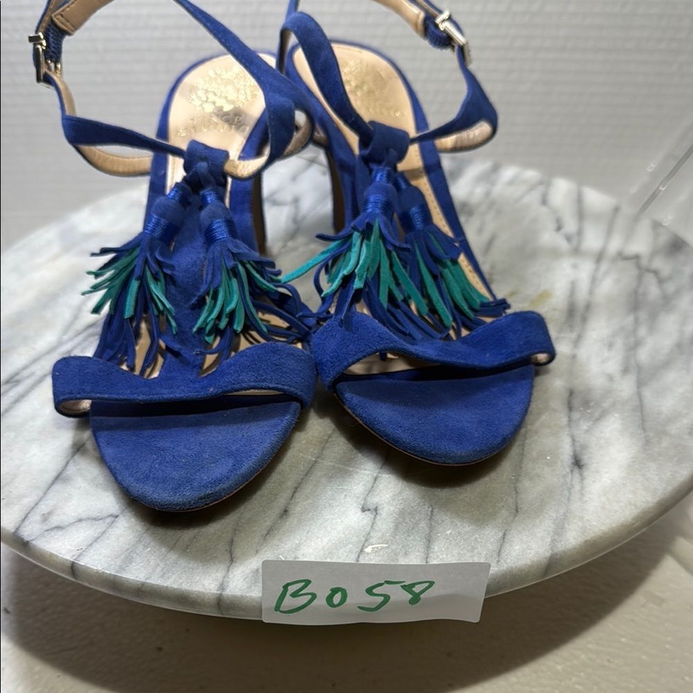 Vince Camuto Blue and Green Heeled Sandals with Tassel Embellishments